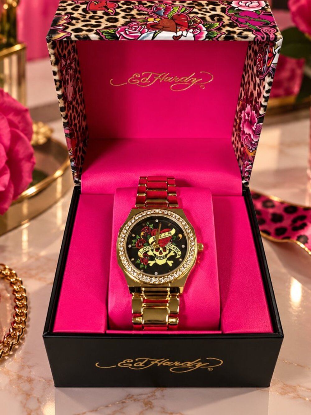 Ed Hardy Love Kills Slowly Ladies’ Watch Pretty Goldtone spooky Halloween tattoo